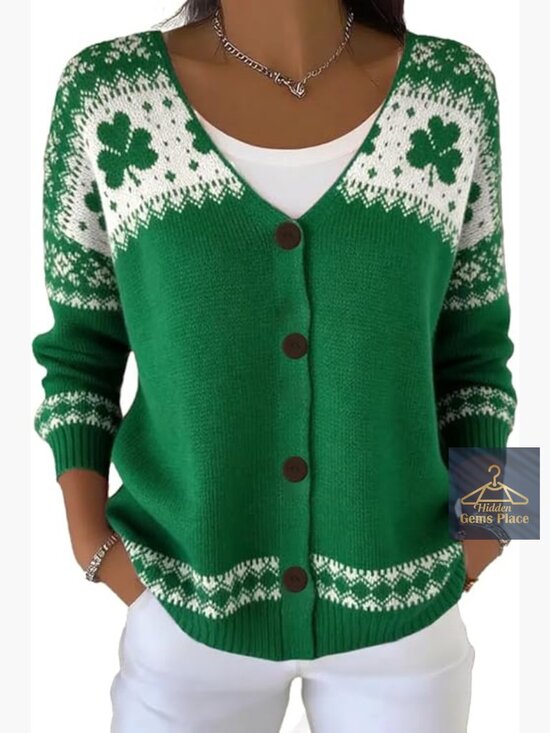 Sweaters - Funny Shamrock Graphic V-Neck Button Down Cardigan Sweater Long Sleeve Open